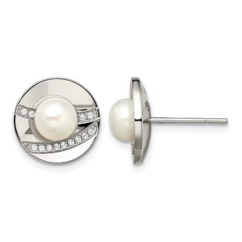 Chisel Stainless Steel Polished CZ and Freshwater Cultured Pearl Post Earrings