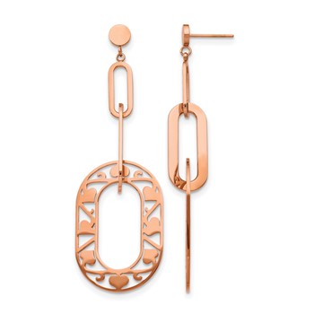 Stainless Steel Polished Rose IP-Plated Heart Post Dangle Earrings