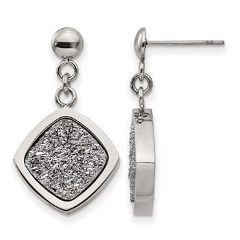 Stainless Steel Polished with Silver Druzy Post Dangle Earrings