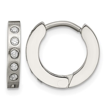 Chisel Stainless Steel Brushed and Polished with CZ 2mm Hinged Hoop Earrings