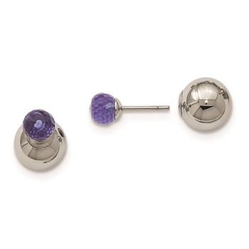 Stainless Steel Polished Ball w/Blue Glass Reversible Ball Post Earrings