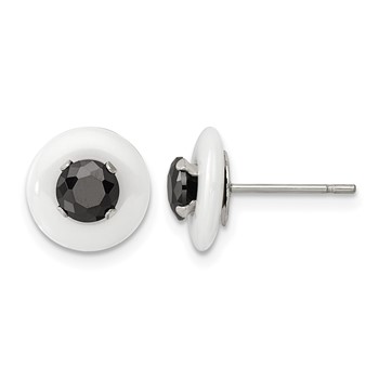 Chisel Stainless Steel Polished White Ceramic with Black CZ Post Earrings