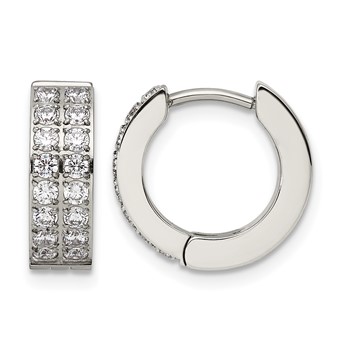 Chisel Stainless Steel Polished with 2 Rows of CZ 2.3mm Hinged Hoop Earrings