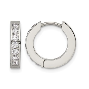 Chisel Stainless Steel Polished with 1 Row of CZ 2.3mm Hinged Hoop Earrings