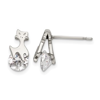 Chisel Stainless Steel Polished Cat with CZ Post Earrings