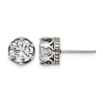 Chisel Stainless Steel Antiqued and Polished CZ Crown Post Earrings