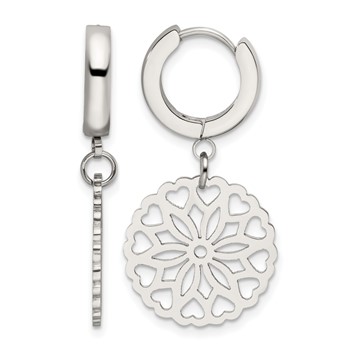 Chisel Stainless Steel Polished Flower Dangle Hinged Hoop Earrings