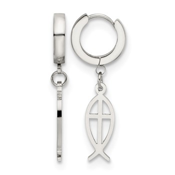 Chisel Stainless Steel Polished Ichthus Hinged Hoop Dangle Earrings