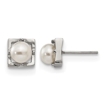 Chisel Stainless Steel Polished Simulated Pearl Square Post Earrings