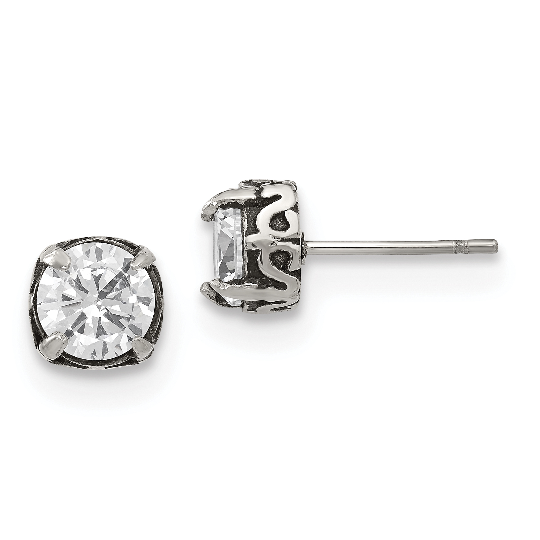 Chisel Stainless Steel Antiqued and Polished CZ Post Earrings