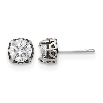 Chisel Stainless Steel Antiqued and Polished CZ Post Earrings