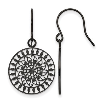 Stainless Steel Polished Black IP-plated Laser Cut Shepherd Hook Earrings