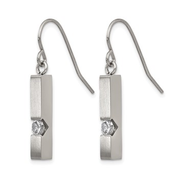 Chisel Stainless Steel Brushed and Polished with CZ Bar Dangle Shepherd Hook Earrings — alternate view
