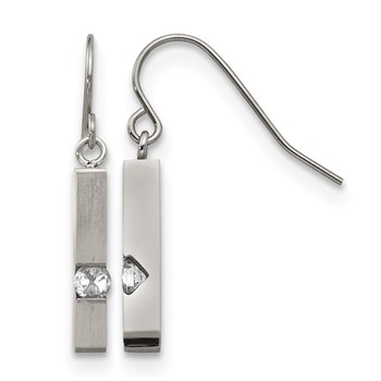 Chisel Stainless Steel Brushed and Polished with CZ Bar Dangle Shepherd Hook Earrings