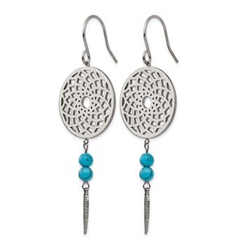 Stainless Steel Polished w/Imit.Turquoise Dreamcatcher Dangle Earrings — alternate view