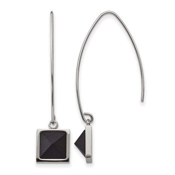 Stainless Steel Polished w/Blk Carbon Fiber Dangle Shepherd Hook Earrings