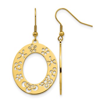 Stainless Steel Polished Yellow IP Flower Cutout Shepherd Hook Earrings