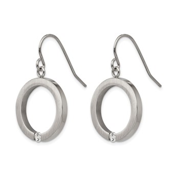 Stainless Steel Brushed and Polished w/CZ Circle Shepherd Hook Earrings — alternate view