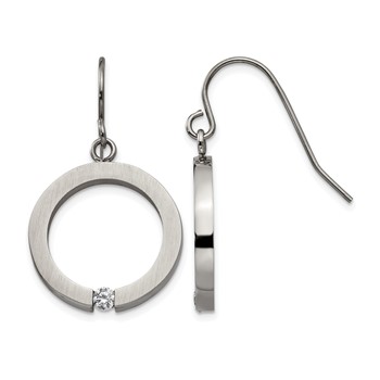 Stainless Steel Brushed and Polished w/CZ Circle Shepherd Hook Earrings
