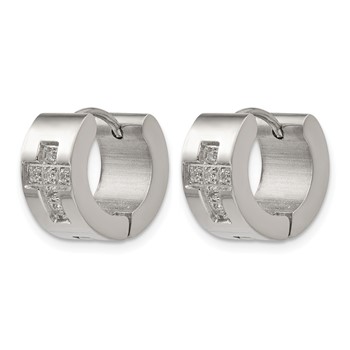 Chisel Stainless Steel Polished with CZ Cross 7mm Hinged Hoop Earrings — alternate view