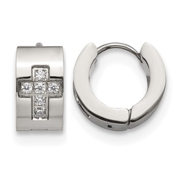 Chisel Stainless Steel Polished with CZ Cross 7mm Hinged Hoop Earrings