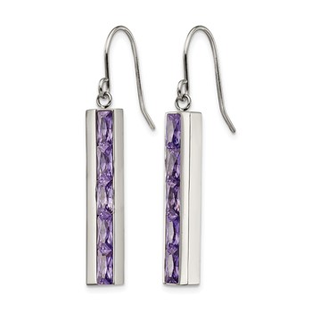 Stainless Steel Polished with Purple CZ Dangle Shepherd Hook Earrings — alternate view