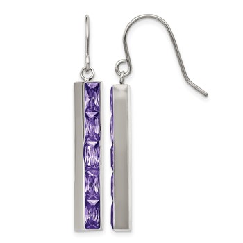 Stainless Steel Polished with Purple CZ Dangle Shepherd Hook Earrings