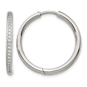 Chisel Stainless Steel Polished with CZ 2.5mm Hinged Hoop Earrings