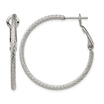 Chisel Stainless Steel Polished and Textured 2mm Omega Back Hoop Earrings