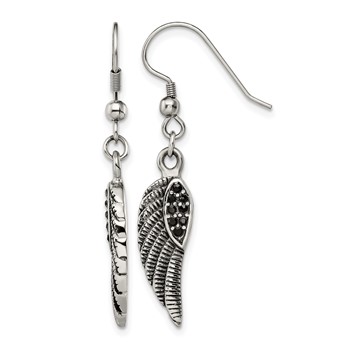 Chisel Stainless Steel Antiqued and Polished with Black Crystal Wings Shepherd Hook Dangle Earrings