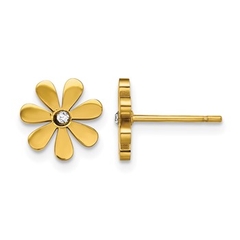 Chisel Stainless Steel Polished Yellow IP-plated with Crystal Flower Post Earrings
