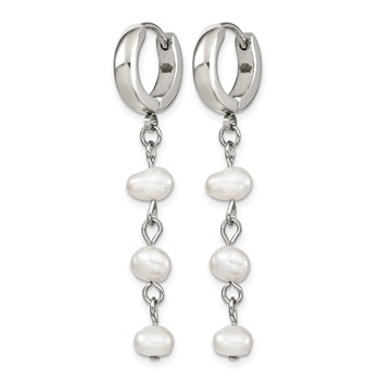 Chisel Stainless Steel Polished with Freshwater Cultured Pearl Dangle Hinged Hoop Earrings — alternate view