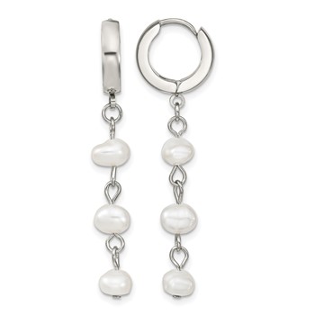 Chisel Stainless Steel Polished with Freshwater Cultured Pearl Dangle Hinged Hoop Earrings