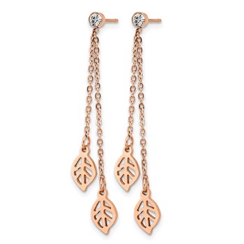 Chisel Stainless Steel Polished Rose IP-plated with CZ Leaf Post Dangle Earrings — alternate view
