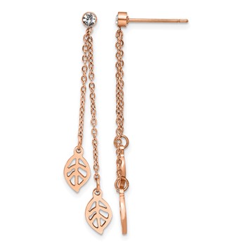 Chisel Stainless Steel Polished Rose IP-plated with CZ Leaf Post Dangle Earrings