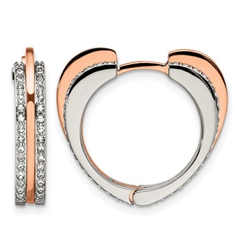 Chisel Stainless Steel Polished Rose IP-plated with Crystal Heart Hinged Hoop Earrings