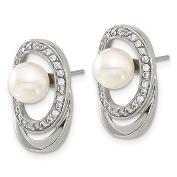 Stainless Steel Simulated Pearl & CZ Oval Earrings — alternate view