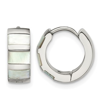 Chisel Stainless Steel Polished with Shell Pearl 5mm Hinged Hoop Earrings