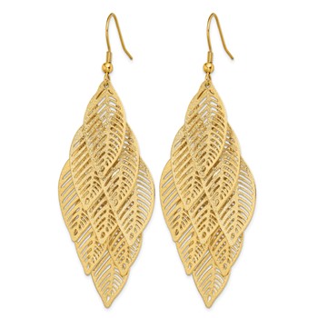 Chisel Stainless Steel Polished and Textured Yellow IP-plated Leaves Dangle Shepherd Hook Earrings — alternate view