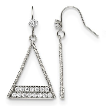 Stainless Steel Polished w/CZ Triangle Dangle Shepherd Hook Earrings