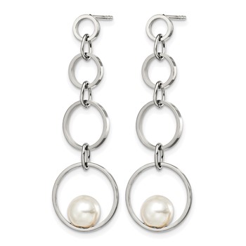 Stainless Steel Polished with Simulated Pearl Post Dangle Earrings — alternate view