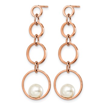 Stainless Steel Polished Rose IP-plated Simulated Pearl Post Dangle Earring — alternate view