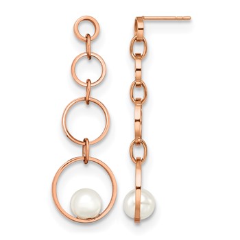 Stainless Steel Polished Rose IP-plated Simulated Pearl Post Dangle Earring