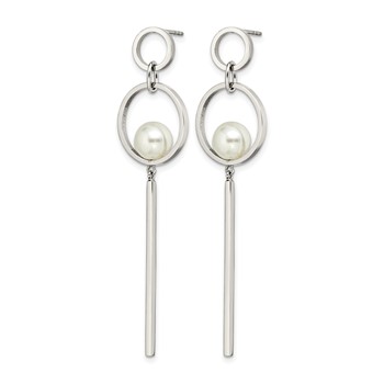 Chisel Stainless Steel Polished with Simulated Pearl Post Dangle Earrings — alternate view