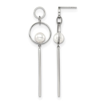 Chisel Stainless Steel Polished with Simulated Pearl Post Dangle Earrings