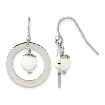 Chisel Stainless Steel Polished with Synthetic White Turquoise Dangle Shepherd Hook Earrings