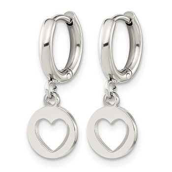 Chisel Stainless Steel Polished Cut Out Heart Dangle Hoop Earrings — alternate view