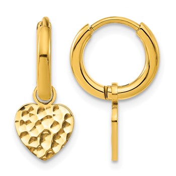 Chisel Stainless Steel Polished Hammered Yellow IP-plated Heart Dangle Hoop Earrings