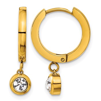 Chisel Stainless Steel Polished Yellow IP-plated CZ Dangle Hoop Earrings