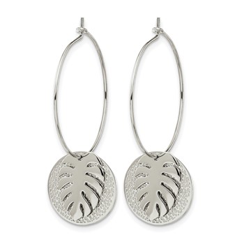Chisel Stainless Steel Polished Textured Circle with Leaf Dangle Hoop Earrings — alternate view